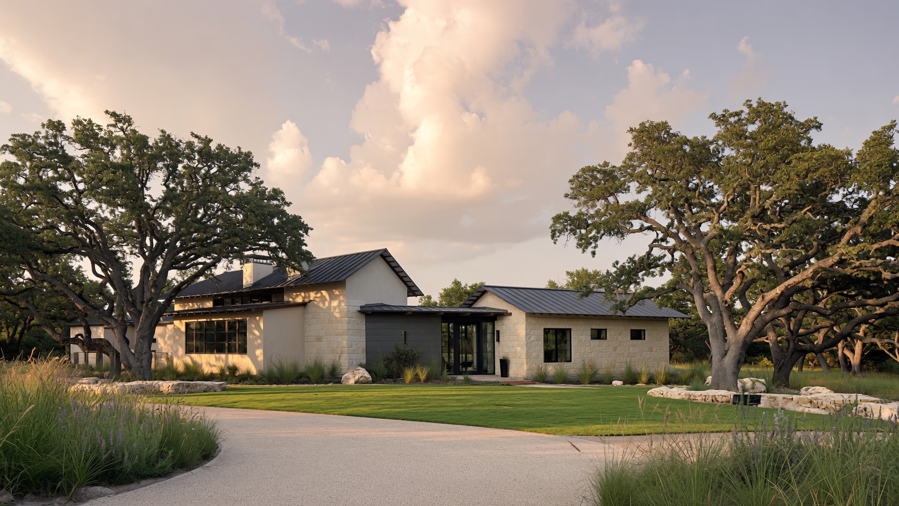 Modern Texas ranch home with limestone and metal roof in Central Texas